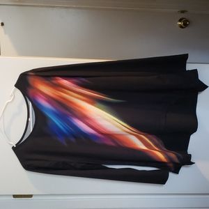 Black tunic top with colorful rainbow swish on front and back
